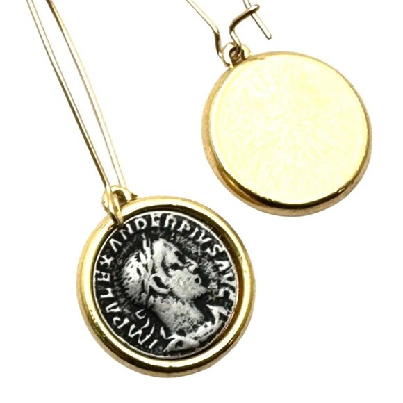 Vintage Ancient French Coin Pierced Earrings 2 Inch Silver & Gold Tone - Picture 4 of 4